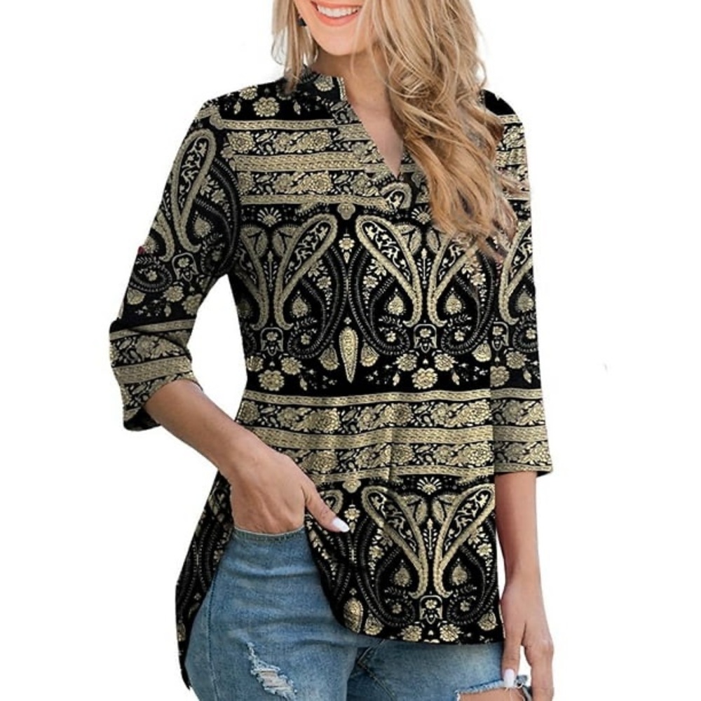 Women's Plus Size Tunic Tops 3/4 Roll Sleeve Notch V Neck Blouses Shirts
